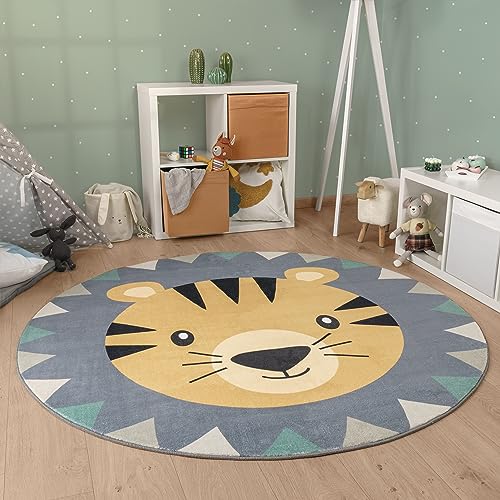 Paco Home Kinderteppich Teppich Kinderzimmer Rund Spielmatte Babymatte Waschbar Bis 30 Grad Löwenkopf Bärenkopf Moderne Deko, Grösse:120 cm Rund, Farbe:Bunt von Paco Home