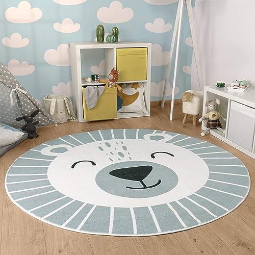 Paco Home Kinderteppich Teppich Kinderzimmer Rund Spielmatte Babymatte Waschbar Bis 30 Grad Löwenkopf Bärenkopf Moderne Deko, Grösse:120 cm Rund, Farbe:Grau 2 von Paco Home