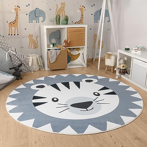 Paco Home Kinderteppich Teppich Kinderzimmer Rund Spielmatte Babymatte Waschbar Bis 30 Grad Löwenkopf Bärenkopf Moderne Deko, Grösse:160 cm Rund, Farbe:Grau von Paco Home