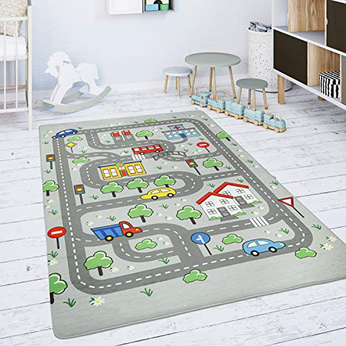 Paco Home Kinderteppich Teppich Kinderzimmer Spielmatte Spielteppich Straßenteppich rutschfest Modern Grau, Grösse:120 cm Rund von Paco Home