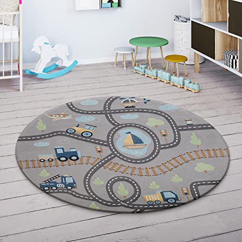 Paco Home Kinderteppich Teppich Kinderzimmer Spielmatte Straßenteppich Spielteppich, Grösse:120 cm Rund, Farbe:Grau 2 von Paco Home