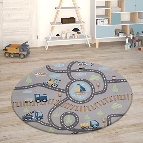 Paco Home Kinderteppich Teppich Kinderzimmer Spielmatte Straßenteppich Spielteppich, Grösse:120 cm Rund, Farbe:Grau 2 von Paco Home