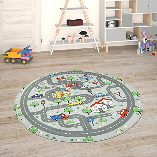 Paco Home Kinderteppich Teppich Kinderzimmer Spielmatte Straßenteppich Spielteppich, Grösse:120 cm Rund, Farbe:Grau von Paco Home