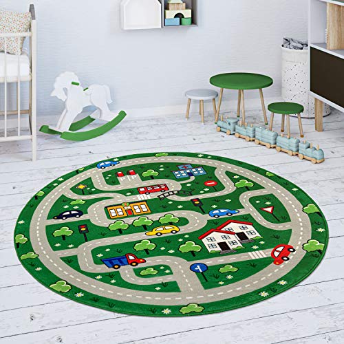 Paco Home Kinderteppich Teppich Kinderzimmer Spielmatte Straßenteppich Spielteppich, Grösse:120 cm Rund, Farbe:Grün von Paco Home