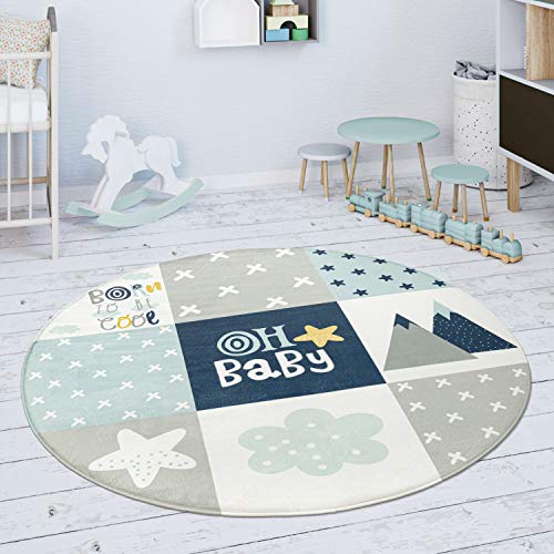 Paco Home Kinderteppich Teppich Kinderzimmer Spielmatte rutschfest Modern Rauten Sterne Grau Blau Weiß, Grösse:80 cm Rund von Paco Home