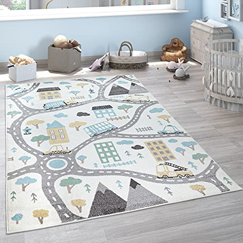 Paco Home Kinderteppich Teppich Kinderzimmer Spielteppich Pastell Junge Mädchen Auto Straße Haus Creme Petrol Grau Gelb, Grösse:120x160 cm von Paco Home