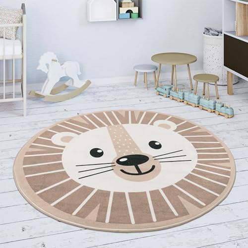 Paco Home Kinderteppich Teppich Rund Kinderzimmer Spielmatte rutschfest Modern Löwen Motiv Beige Weiß, Grösse:120 cm Rund von Paco Home