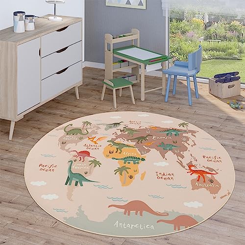 Paco Home Kinderteppich Teppich Rund Kinderzimmer Spielteppich Straßenteppich Modern rutschfest Junge Mädchen, Grösse:160 cm Rund, Farbe:Beige 3 von Paco Home