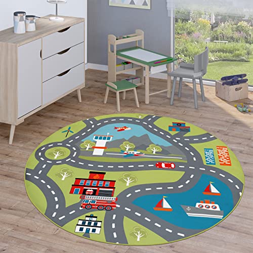 Paco Home Kinderteppich Teppich Rund Kinderzimmer Spielteppich Straßenteppich Modern rutschfest Junge Mädchen, Grösse:160 cm Rund, Farbe:Grün 2 von Paco Home