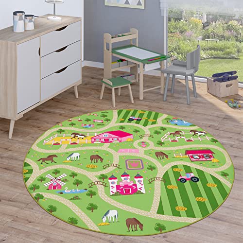 Paco Home Kinderteppich Teppich Rund Kinderzimmer Spielteppich Straßenteppich Modern rutschfest Junge Mädchen, Grösse:160 cm Rund, Farbe:Grün von Paco Home