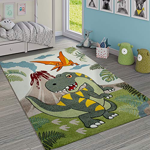 Paco Home Kinderzimmer Teppich Grün Dinosaurier Dschungel Vulkan 3-D Effekt Kurzflor, Grösse:80x150 cm von Paco Home