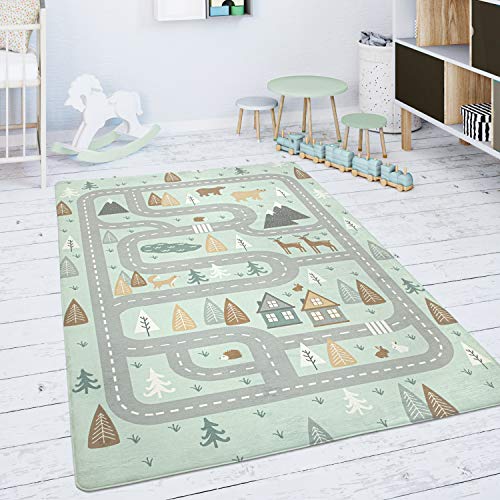 Paco Home Spielmatte Kinderteppich Teppich Kinderzimmer rutschfest Modern Straße Bär Elch Bäume Grün Grau, Grösse:120 cm Rund von Paco Home