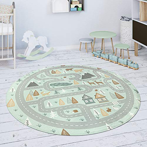 Paco Home Spielmatte Kinderteppich Teppich Kinderzimmer rutschfest Modern Straße Bär Elch Bäume Grün Grau, Grösse:150 cm Rund von Paco Home