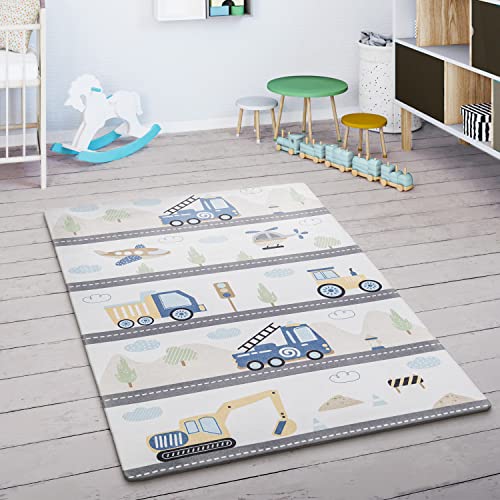 Paco Home Spielmatte Teppich Kinderzimmer Kinderteppich Junge Mädchen Spielteppich rutschfest Modern Berge Wolken Creme Blau Grau, Grösse:120x160 cm von Paco Home