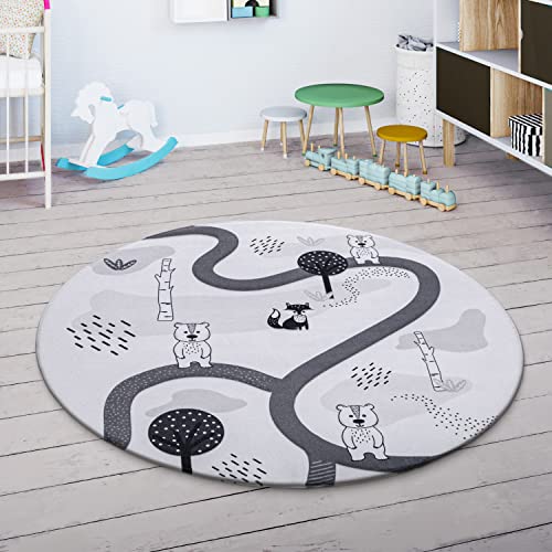 Paco Home Spielmatte Teppich Kinderzimmer Kinderteppich Junge Mädchen Straßenteppich Modern rutschfest Tier Motiv Baum Weiß Grau, Grösse:120 cm Rund von Paco Home