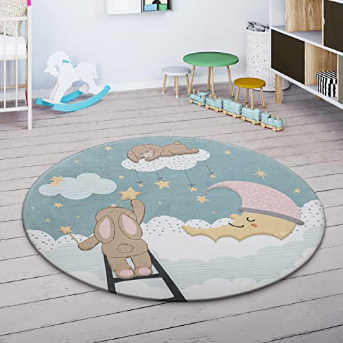 Paco Home Spielmatte Teppich Kinderzimmer Kinderteppich Junge Mädchen rutschfest Modern Sterne Wolken Mond Hase Türkis Creme Rosa, Grösse:120 cm Rund von Paco Home