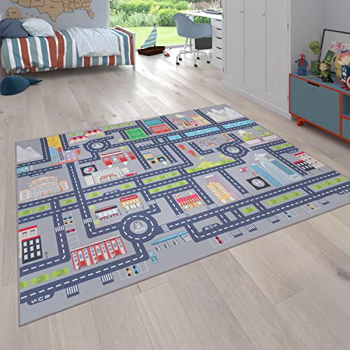 Paco Home Spielteppich Kinderteppich Kinderzimmer Straßenteppich Auto Straßen Motiv rutschfest Grau, Grösse:160x220 cm von Paco Home