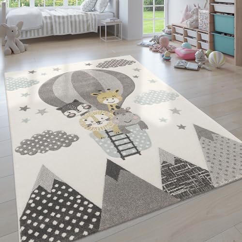 Paco Home Teppich Kinderzimmer Junge Mädchen Kinderteppich Spielteppich Kurzflor 3D Optik Berge Sterne Wolken Tiere Creme Grau Blau Gelb, Grösse:140x200 cm von Paco Home