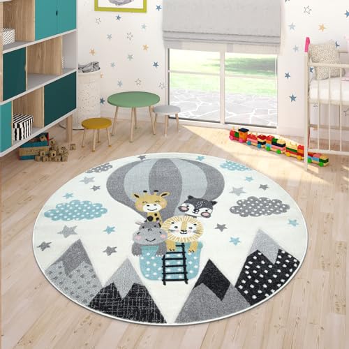 Paco Home Teppich Kinderzimmer Junge Mädchen Kinderteppich Spielteppich Kurzflor 3D Optik Berge Sterne Wolken Tiere Creme Grau Blau Gelb, Grösse:Ø 120 cm Rund von Paco Home