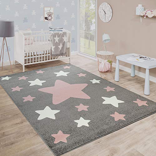 Paco Home Teppich Kinderzimmer Kinderteppich Große Und Kleine Sterne In Grau Rosa, Grösse:140x200 cm von Paco Home