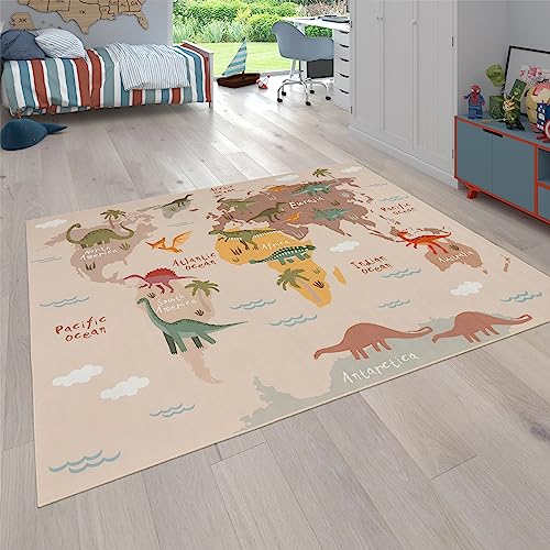 Paco Home Teppich Kinderzimmer Kinderteppich Junge Mädchen Spielteppich Dinosauriert Welt Motiv rutschfest Modern Beige Braun Grün, Grösse:100x200 cm von Paco Home