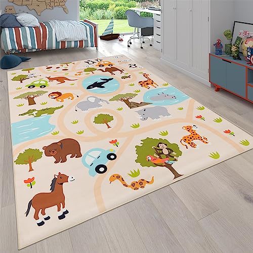 Paco Home Teppich Kinderzimmer Kinderteppich Junge Mädchen Spielteppich Dschungel Mit Affen Löwe rutschfest Modern Creme Grün Gelb, Grösse:140x200 cm von Paco Home