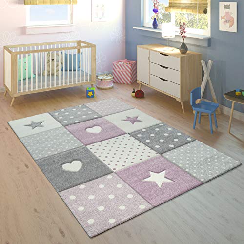 Paco Home Teppich Kinderzimmer Kinderteppich Junge Mädchen Spielteppich Modern Herz Punkte Sterne 3D Effekt Lila Grau Creme, Grösse:200x290 cm von Paco Home