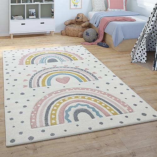 Paco Home Teppich Kinderzimmer Kinderteppich Junge Mädchen Spielteppich Regenbogen Herz Punkte Modern Creme Gelb Blau Rosa, Grösse:120 cm Rund von Paco Home