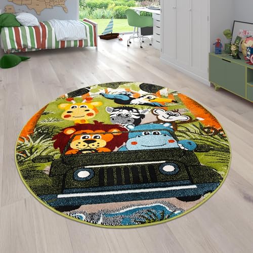 Paco Home Teppich Kinderzimmer Kinderteppich Junge Mädchen Spielteppich Tier Motiv Dschungel Palmen Muster Grün Grau Gelb, Grösse:120 cm Rund von Paco Home