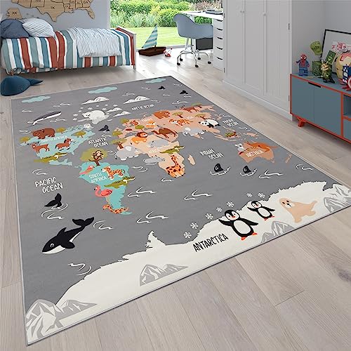 Paco Home Teppich Kinderzimmer Kinderteppich Junge Mädchen Spielteppich Tier Welt Motiv rutschfest Modern Grau Blau Braun, Grösse:160x220 cm von Paco Home