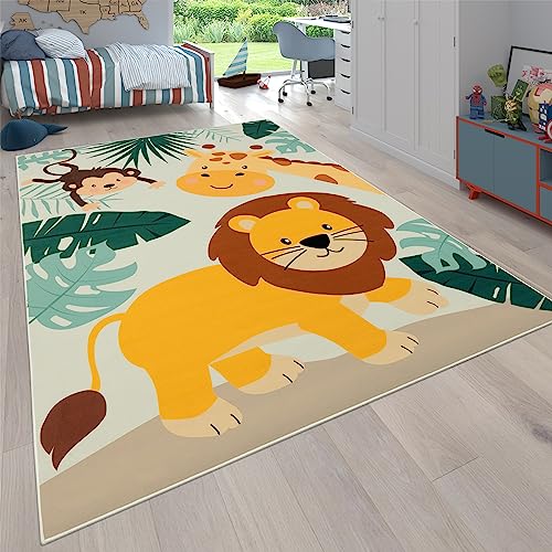 Paco Home Teppich Kinderzimmer Kinderteppich Junge Mädchen Spielteppich Zootiere Straßenteppich rutschfest Beige Blau Grün, Grösse:140x200 cm von Paco Home