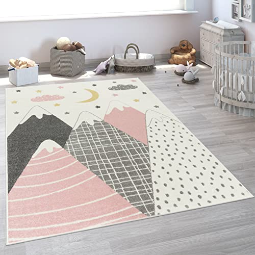 Paco Home Teppich Kinderzimmer Kinderteppich Spielteppich Junge Mädchen Kurzflor Modern Berge Sterne Wolken Pink, Grösse:160 cm Rund von Paco Home