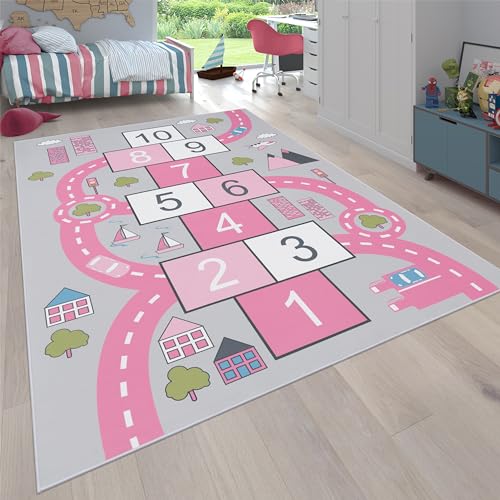 Paco Home Teppich Kinderzimmer Kinderteppich Spielteppich Straßen Design Mit Hüpfkästchenspiel rutschfest Grau Rosa, Grösse:100x200 cm von Paco Home