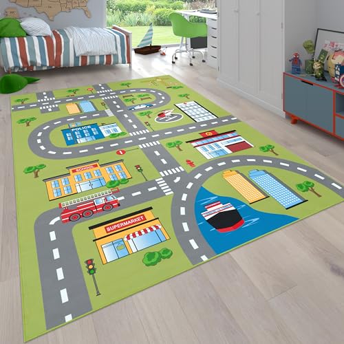 Paco Home Teppich Kinderzimmer Kinderteppich Spielteppich Straßen Und Auto Motiv rutschfest Grün Grau, Grösse:160x220 cm von Paco Home