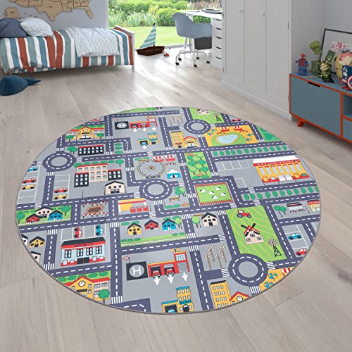 Paco Home Teppich Kinderzimmer Kinderteppich Spielteppich Straßenteppich rutschfest Mädchen Jungs, Grösse:160 cm Rund, Farbe:Grau 3 von Paco Home