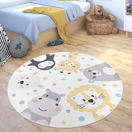 Paco Home Teppich Kinderzimmer Kinderteppich Waschbar Junge Mädchen Spielteppich Rund Modern Zootiere, Grösse:160 cm Rund, Farbe:Beige von Paco Home