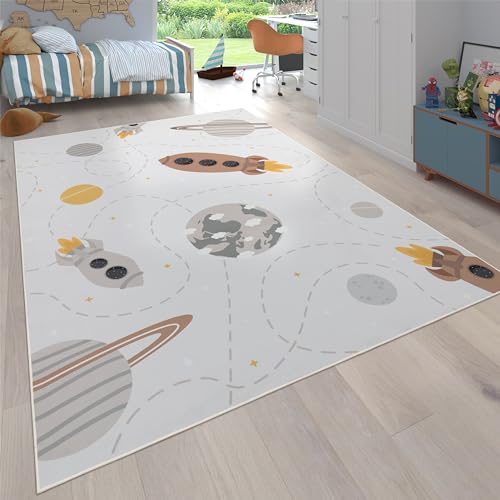 Paco Home Teppich Kinderzimmer Kinderteppich rutschfest Junge Mädchen Baby Spielteppich Rakete Planet Sterne Modern Waschbar Beige Braun Gelb, Grösse:240x340 cm von Paco Home