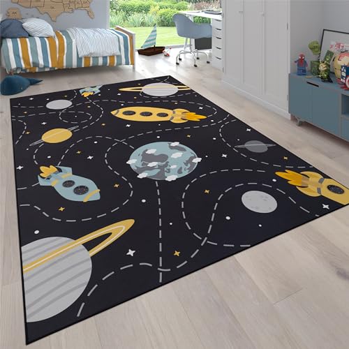 Paco Home Teppich Kinderzimmer Kinderteppich rutschfest Junge Mädchen Baby Spielteppich Rakete Planet Sterne Modern Waschbar Grau Blau Gelb, Grösse:140x200 cm von Paco Home