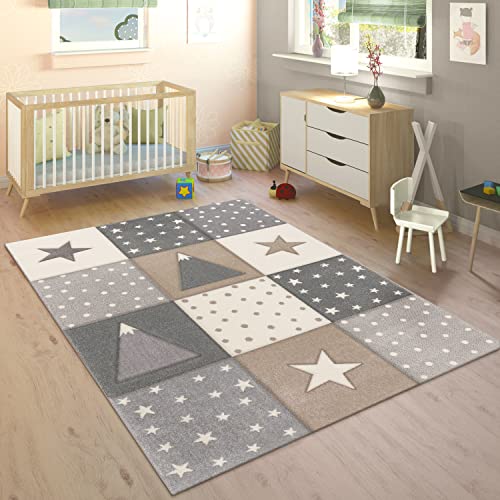 Teppich Kinderzimmer Kinderteppich Junge Mädchen Pastell 3D Effekt Modern Berge Sterne Punkte Beige Schwarz, Grösse:120x170 cm von Paco Home