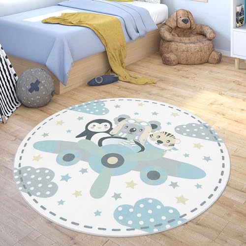 Teppich Kinderzimmer Kinderteppich Waschbar Junge Mädchen Spielteppich Rund Modern Pastell, Grösse:120 cm Rund, Farbe:Beige von Paco Home