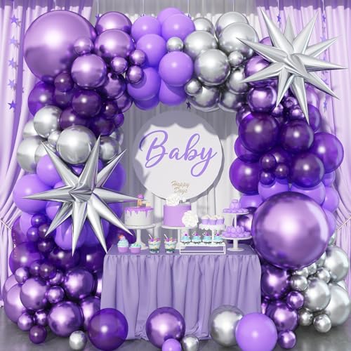 120 Stück Luftballon Girlande Dunke Lila mit 2 Sternballons, Ballons Girlande Pastell Lila und Metallic Lila Silber, Lila Luftballons für Mädchen Frauen Geburtstag Hochzeitstag Babyparty Party Deko von Paeyeq