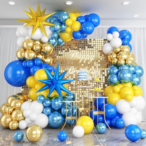 129 Stück Luftballon Girlande Blau und Gelb Weiße mit Folienstern Ballons, Dunkelblau Metallisch Blau und Gold Ballongirlande für Baby Shower Jubiläum Geburtstag Abschluss Hochzeit Party Deko von Paeyeq