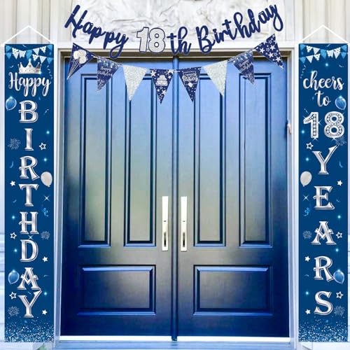 18. Geburtstag Junge Deko, Blau Silber 18. Geburtstag Tür Banner Veranda Schild, 18. Geburtstag Banner Girlande Wimpel Bunting, 18. Geburtstagsfeier Banner Wimpelkette für Tür Wand Party Dekoration von Paeyeq