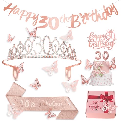 30. Geburtstag Frauen Dekoration 30 Geburtstag Schärpe, Tiara, Kuchentopper, Nummer 30 Kerzen, Alles Gute Zum 30. Geburtstag Banner, 3D Schmetterling 12pcs für Geburtstagsparty Deko Accessoires von Paeyeq