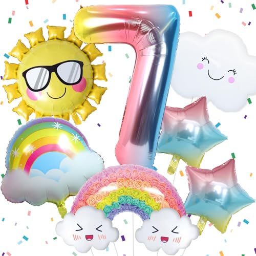 7 Jahre Regenbogen Geburtstag Deko für Mädchen, Regenbogen Folienballon 7, Regenbogen Geburtstagsdeko mit Regenbogen Sonne Folie Luftballon Regenbogen Sterne Ballons für 7. Geburtstag Mädchen Deko von Paeyeq