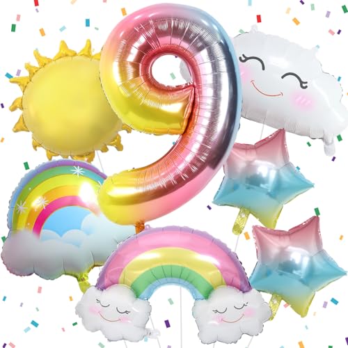 9 Jahre Regenbogen Geburtstag Deko für Mädchen, Regenbogen Folienballon 9, Regenbogen Geburtstagsdeko mit Regenbogen Sonne Folie Luftballon Regenbogen Sterne Ballons für 9. Geburtstag Mädchen Deko von Paeyeq