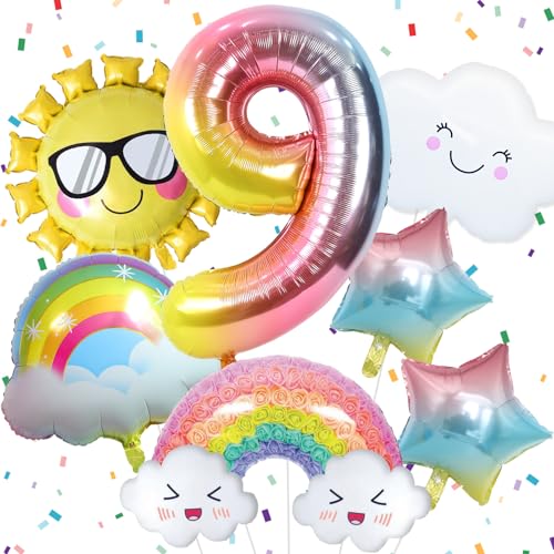 9 Jahre Regenbogen Geburtstag Deko für Mädchen, Regenbogen Folienballon 9, Regenbogen Geburtstagsdeko mit Regenbogen Sonne Folie Luftballon Regenbogen Sterne Ballons für 9. Geburtstag Mädchen Deko von Paeyeq