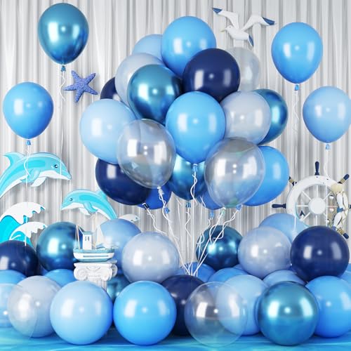 Luftballons Blau Ozean Geburtstagsparty Ballons mit Transparent Luftballon Hai Geburtstag Party Dekorationen 60STÜCK 12ZOLL Metallisch Blau Helium Latex Ballon Meerjungfrau Wal Thema Party Zubehör von Paeyeq