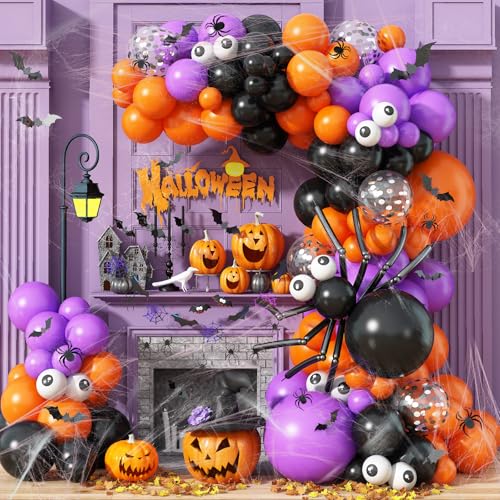 Halloween Luftballon Girlande Deko mit Spinnen DIY Ballons, 139 Stück Orange Schwarz Lila Konfetti Ballongirlande mit Groß Fledermau 3D Fledermäusen & Spinnennetz für Geist Halloween Party Dekoration von Paeyeq