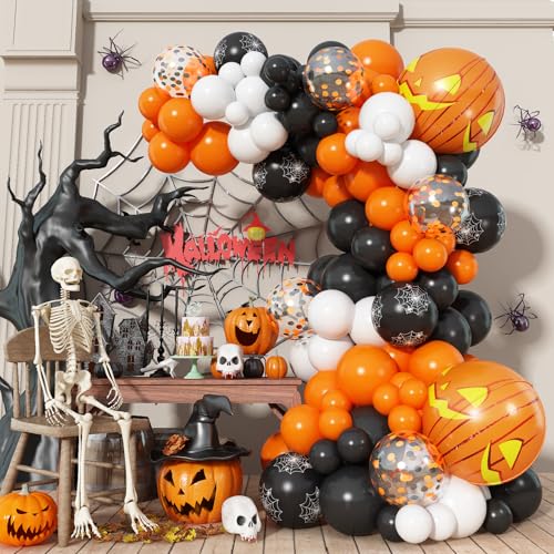 Halloween Luftballon Girlande mit 4D Kürbis, 110 Stück Orange Schwarz Weiß Konfetti Halloween Ballongirlande Deko mit Spinnennetz Druck Ballons für Kinder Halloween Gruselige Party Garten Dekoration von Paeyeq